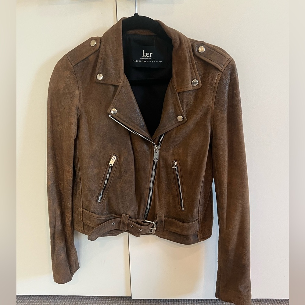LAER Distressed Brown Suede Leather Moto Jacket Size Small